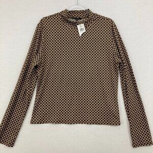 New Ambience 1X Brown Geometric Turtle Neck‎ Stretch Knit Long Sleeve Top